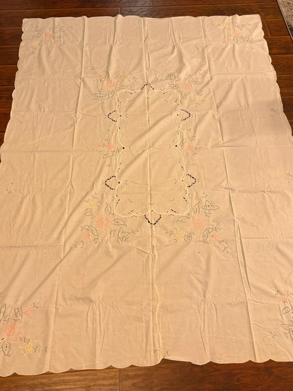 Vintage Embroidered Tablecloth with Pastel Floral Accents - 81”x60”